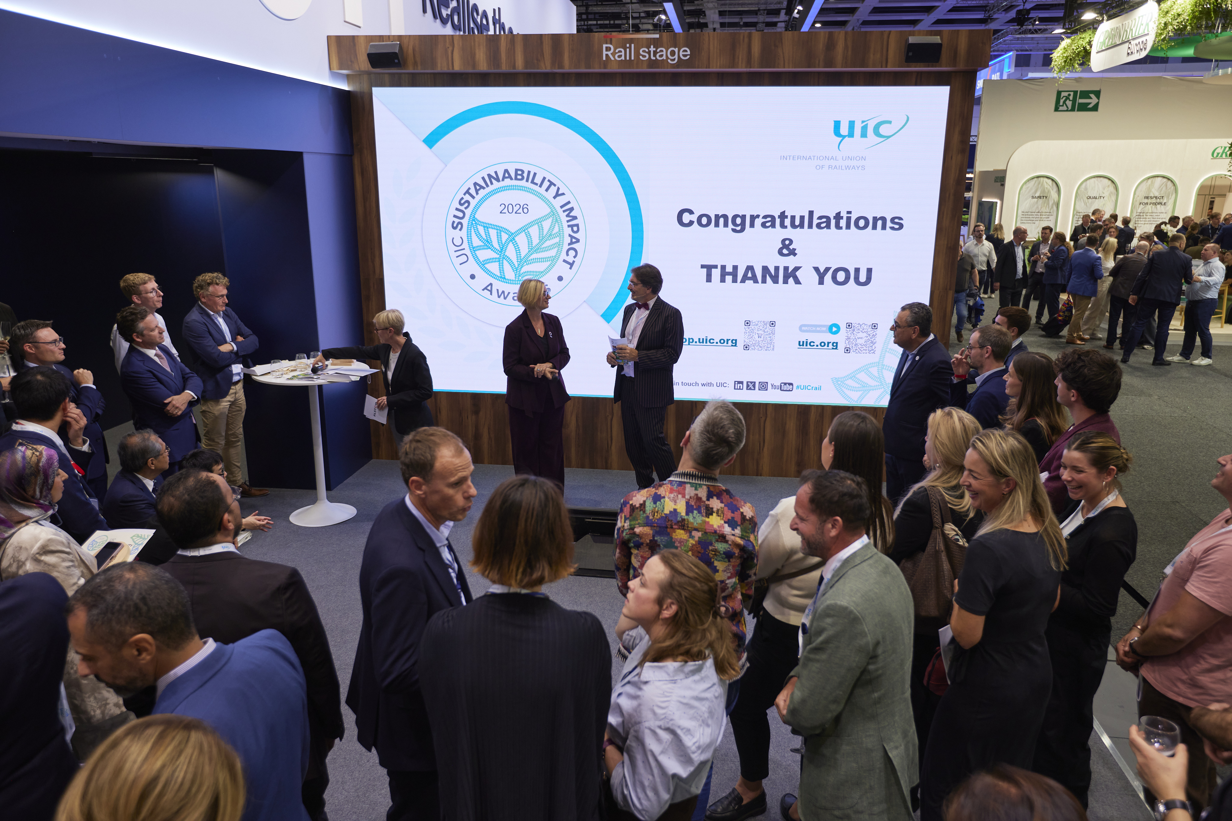 UIC Sustainability Impact Awards 2026 announcement screen, InnoTrans Berlin, Alstom's Rail Stage